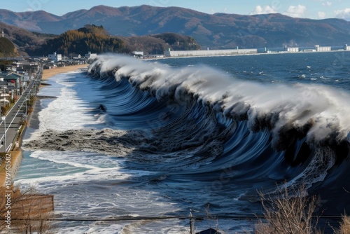 Devastating tsunami waves are approaching the coast, threatening a coastal city with imminent destruction and flooding