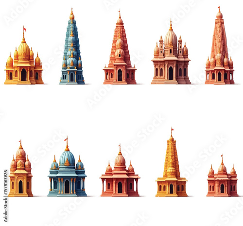 different-Hindu-temple-icon-sets-on-white background.