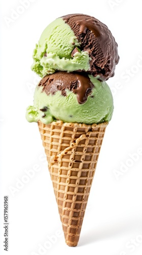 Frozen artisan treat with stacked green and brown scoops in a waffle cone, styled for ads, packaging, and editorial food use.