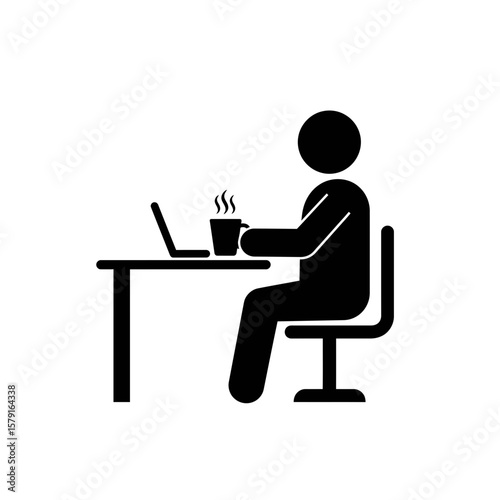 Workstation Silhouette: A simplified, silhouette illustration depicting a person working at a desk with a laptop and a coffee mug. The scene conveys a sense of focused activity and work.