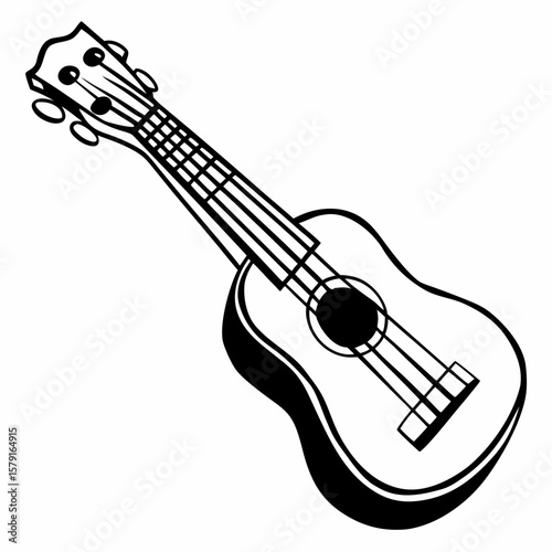 Black and white line art illustration of a ukulele on a white background music instrument