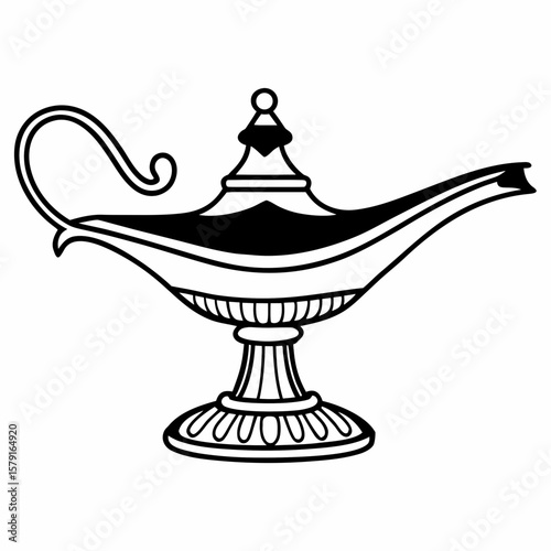 Black and white line art illustration of an ornate oil lamp magic genie
