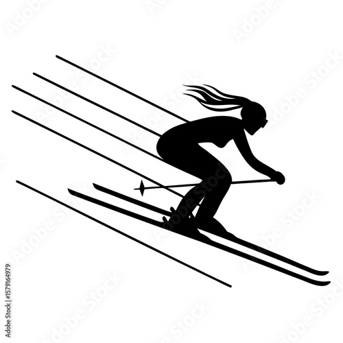 Black silhouette of a female skier with windblown hair on a white background skiing