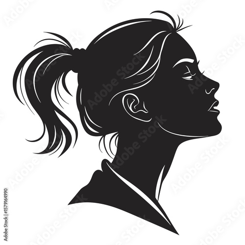 Black silhouette profile of a woman with a ponytail and white highlights vector
