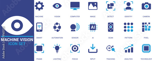 Flat machine vision icon set with AI, computer vision, image detection, sensor, tracking, automation, focus, scan, pixel, pattern, and technology symbols.