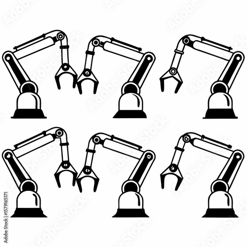 Six black robotic arms with grippers on a white background industrial machine