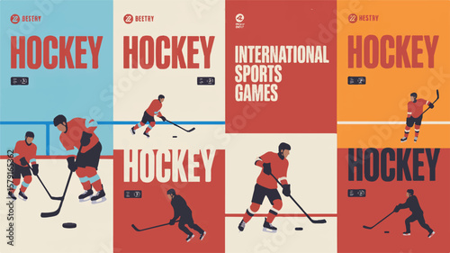Hockey players and international sports games posters