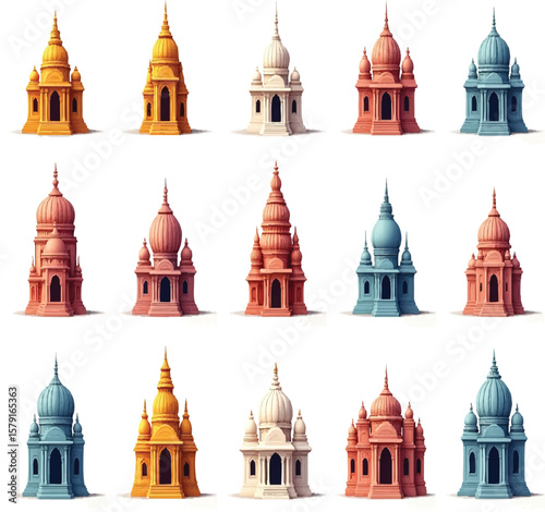 different-hindu-temple-icon-sets-on-white background.





