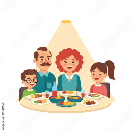 Cartoon family seated around a table, enjoying a meal together in a cozy setting.
