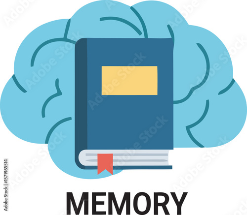 Illustration of a book in front of a brain, representing memory and learning.