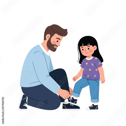 A father kneels to help his young daughter tie her shoelaces, showcasing a tender moment of paternal care and assistance.