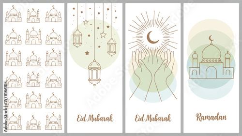 Islamic mosques lanterns moon hands Ramadan Eid Mubarak