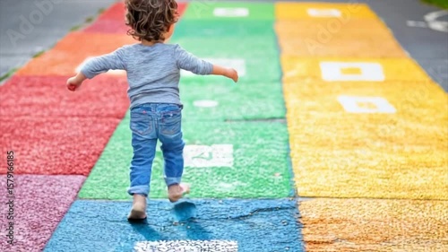 Toddler running on a colorful hopscotch path