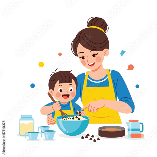 Mother and son baking together, mixing ingredients in a bowl, creating a joyful family moment.