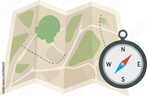 A folded map with a dotted path and a compass pointing the direction.