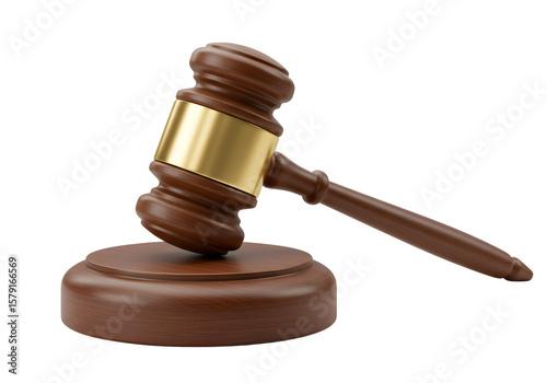 Gavel on Wooden Block:  Justice, Law, Auction, 3D Render,  Serious, Authoritative,  Legal Concept,  Brown Wood, Gold Accents,  High-Resolution Image.