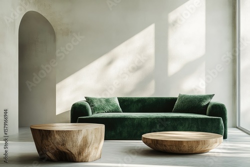 A serene living room features a plush emerald green velvet sofa and two rustic wooden coffee tables against a minimalist backdrop.