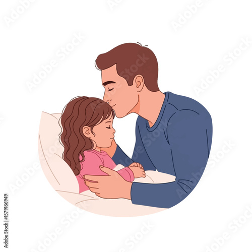 A loving father gently kisses his sleeping daughter's forehead on her bed.