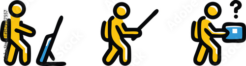 Yellow figures interacting with objects blue objects