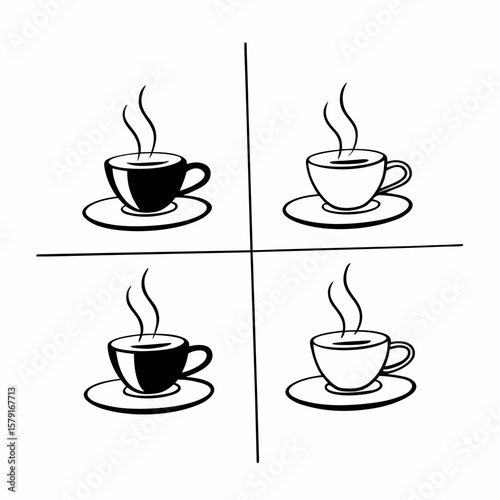Four steaming coffee cups in a minimalist graphic style on white beverage