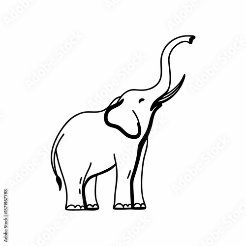 Single line drawing of an elephant with trunk raised on white background animal wildlife