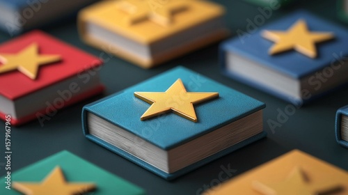 Colorful closed books with golden stars on their covers arranged on a surface, symbolizing achievement or rating.