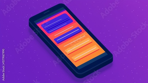A stylized illustration of a smartphone displaying colorful chat bubbles against a purple starry background.