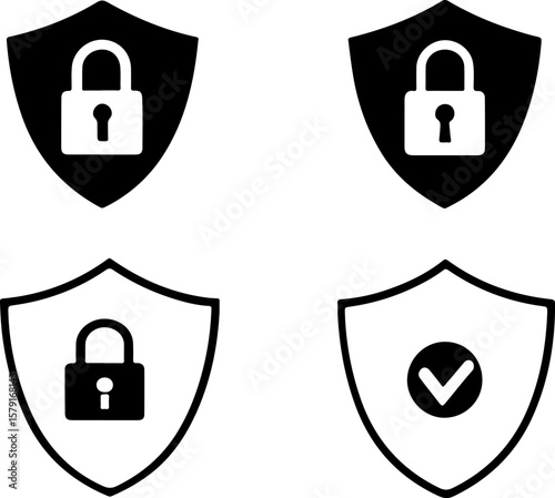 Collection of shield icons with lock and checkmark symbols in silhouette