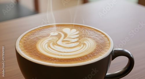 Fototapeta Naklejka Na Ścianę i Meble -  Steaming cappuccino with elegant swan latte art in a dark grey mug on a wooden table.