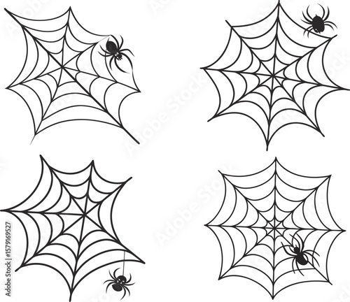 Spider Web and Spider Set for Halloween in Black and White Vector Illustration