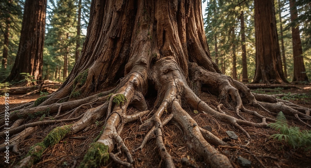 Obraz premium A close up view of the base and roots of a large tree in a forest with other trees in the background