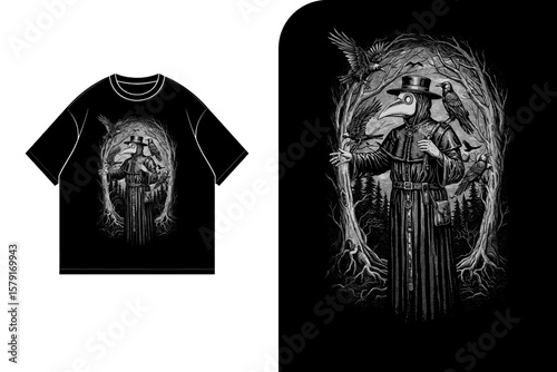 A black t-shirt design showcasing a detailed illustration of a plague doctor.