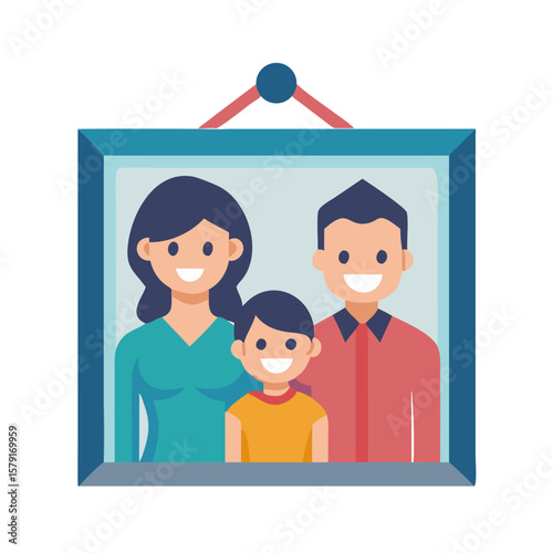 Stylized family portrait in a picture frame hanging on a wall