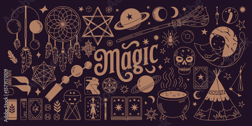 Mystical Magic Illustration with Celestial and Occult Symbols, Dreamcatcher, Crescent Moon, Tarot Cards, Wand, Planet, Crystal Ball, Stars, Cauldron, and Geometric Patterns.

