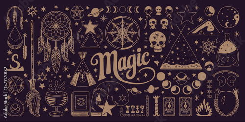 Mystical Magic Illustration with Celestial and Occult Symbols, Dreamcatcher, Crescent Moon, Tarot Cards, Wand, Planet, Crystal Ball, Stars, Cauldron, and Geometric Patterns.


