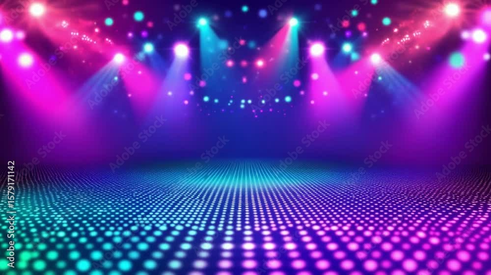 Abstract stage with neon lights and patterned floor creating a vibrant atmosphere