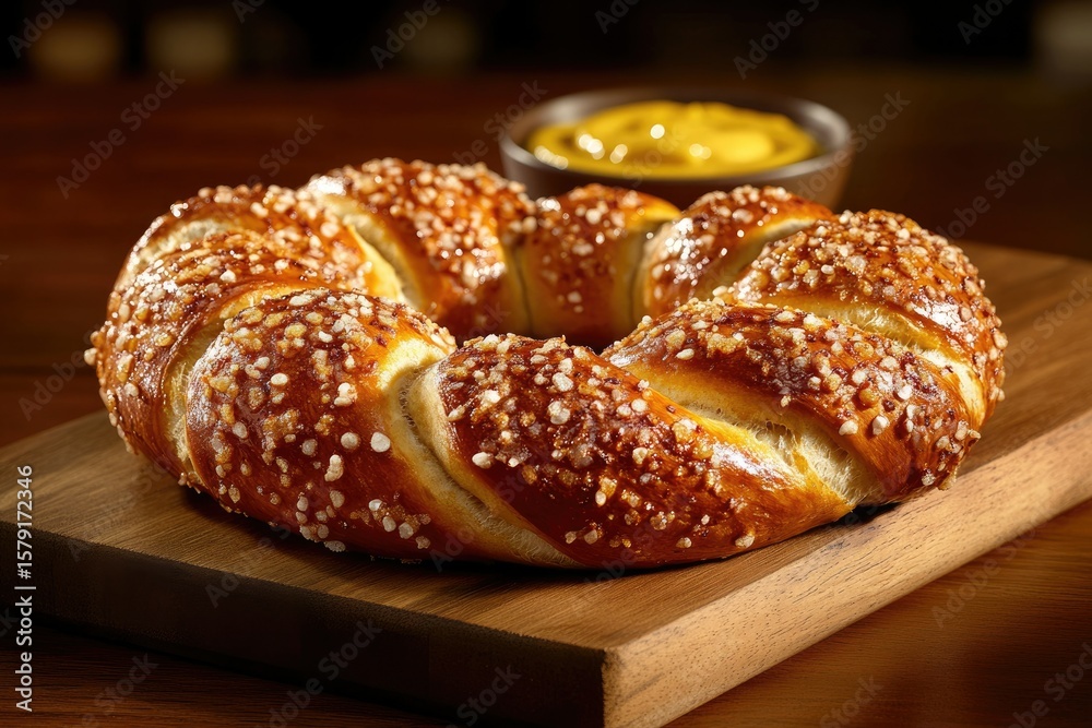 A large, golden-brown pretzel sprinkled with salt, served with mustard. A large, golden-brown pretzel sprinkled with salt, served with mustard.