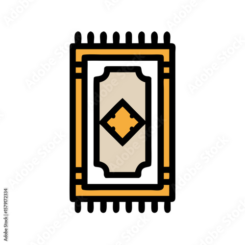 Illustrated prayer rug with golden tassels and geometric design for devotion