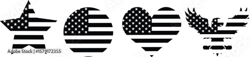 USA flag,  American flag with different shapes like star, heart, eagle, round shape, United States of America flag art  vector illustration, black and white 