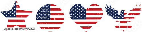 USA flag, American flag with different shapes like star, love, eagle, round shape, United States flag art  vector illustration, colorful red and blue grunge dirty distressed cracked 