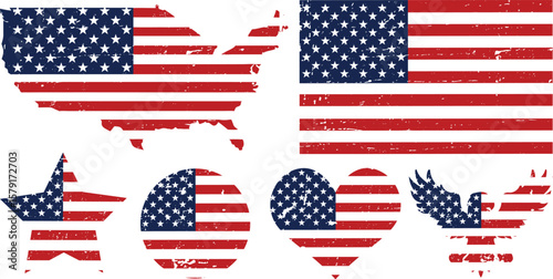 USA flag, USA map with flag mask, American flag with different shapes like star, love, eagle, round shape, United States flag art  vector illustration, colorful red and blue grunge dirty distressed 