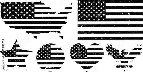 USA flag, USA map with flag mask, American flag with different shapes like star, heart, eagle, round shape, United States of America flag art  vector illustration, black and white grunge dirty cracked