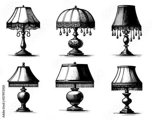 Six vector images of retro vintage home lamp