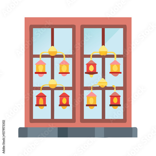 Decorative window with elaborate lighting fixtures featuring birdhouseinspired designs