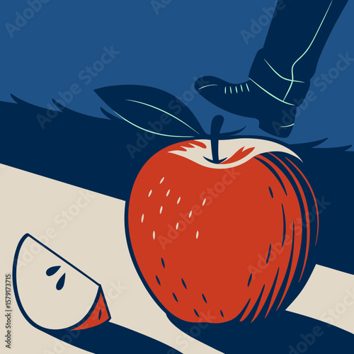 Graphic illustration of red apple with slice and foot shadow  