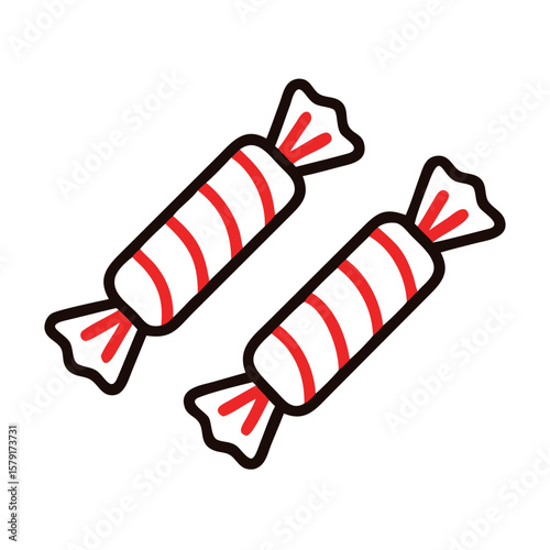 Two pieces of red and white hard candy, stylized and minimalist