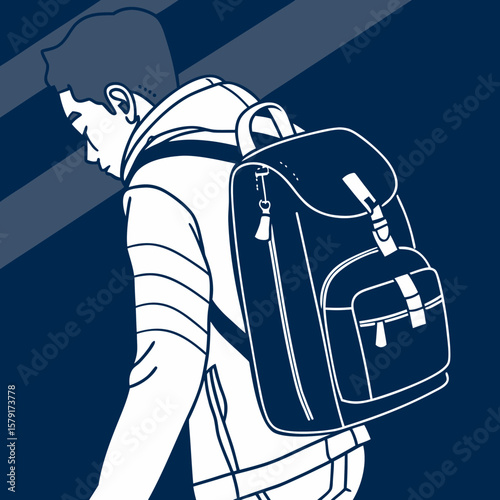 Young man walking with backpack on navy blue background  