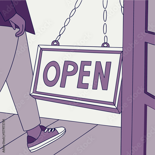 Open sign displayed while person walks through door in store  