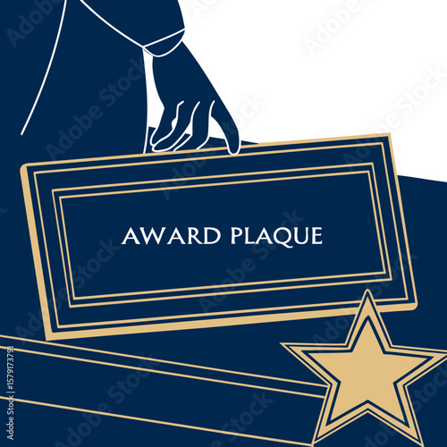 Award plaque being held by a hand with a star design on background  