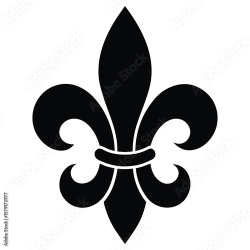Detailed FleurdeLis Black Heraldic Lily on White Background, Traditional Symbolism
